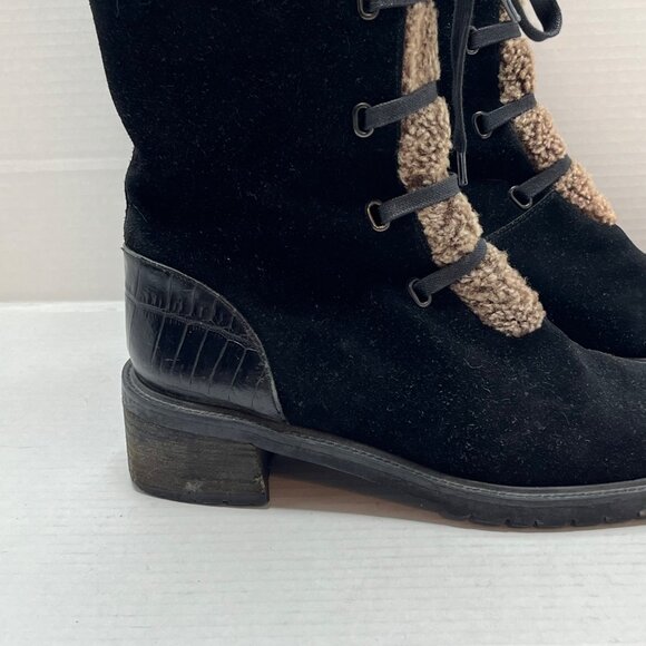 Stuart Weitzman Black Suede Brown Faux Fur Lined Stacked Heel Boot Zip Up 8.5 - Picture 3 of 11